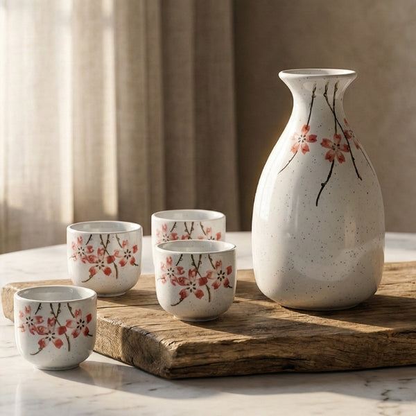 Porcelain Cherry Blossom Sake Set - 5 Piece Set