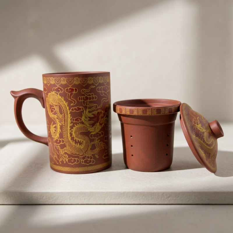 Dragon Print Yi Xing Clay Mug With Strainer