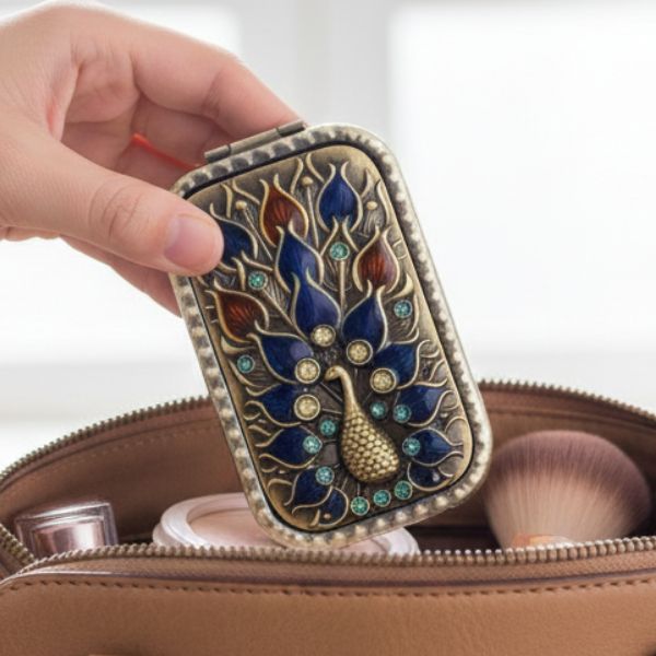 Peacock Compact Mirror Jewel Bejeweled Pretty Pocket Size handy Antique Unique