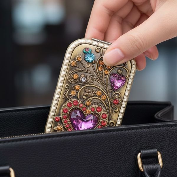 Heart Compact Mirror Jewel Bejeweled Pretty Pocket Size handy Antique Unique