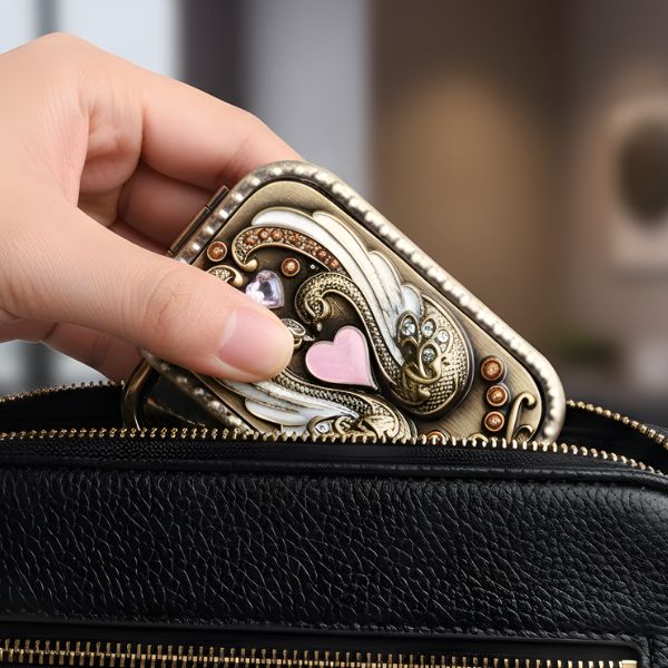 Swan Compact Mirror with Heart jewel Unique Antique Beauty Pocket Size