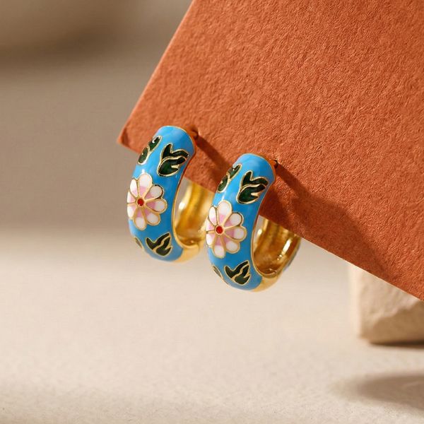 Blue Cloisonne Earrings Women Girl Beautiful Piece Floral Artisan Artistic Handmade Jewelry Art Female Accessories