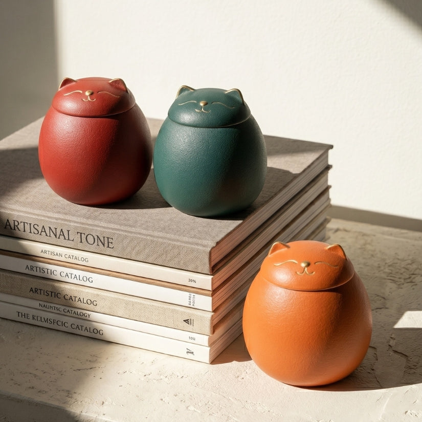 Three cat-shaped ceramic jars in red, green, and orange on a stack of books. lucky cat, maneki-neko, ceramic tea canister, Japanese kitchen decor, loose leaf tea storage, good luck gift, Asian home decor