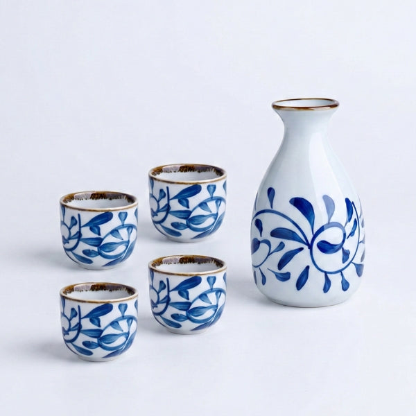 Porcelain Blue & White Sake Set - 5 Piece Set