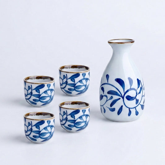 Porcelain Blue & White Sake Set - 5 Piece Set