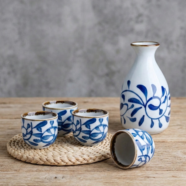 Porcelain Blue & White Sake Set - 5 Piece Set