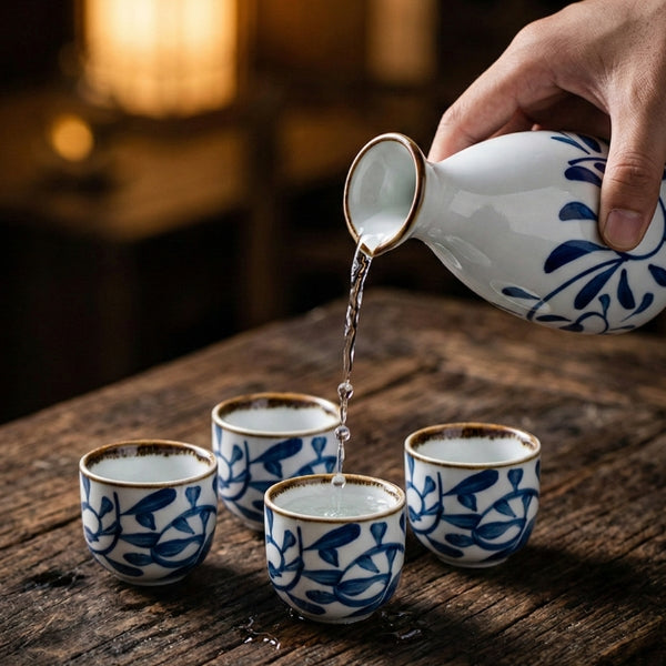 Porcelain Blue & White Sake Set - 5 Piece Set