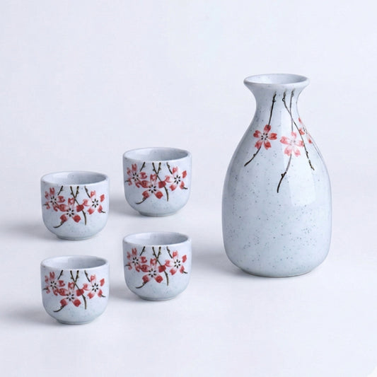 Porcelain Cherry Blossom Sake Set - 5 Piece Set