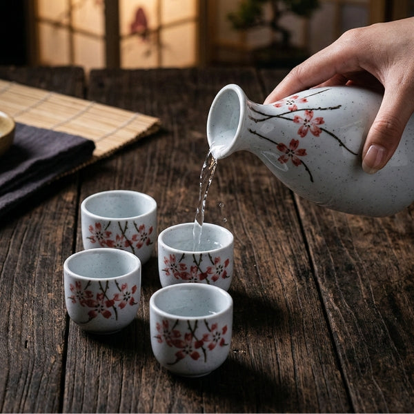 Porcelain Cherry Blossom Sake Set - 5 Piece Set