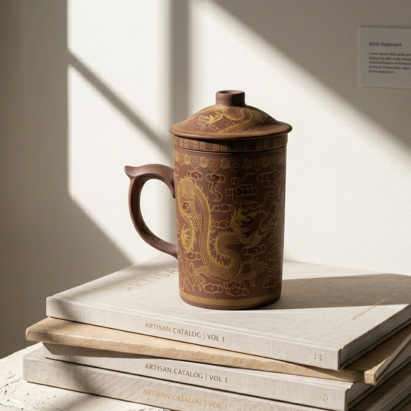 Dragon Print Yi Xing Clay Mug With Strainer