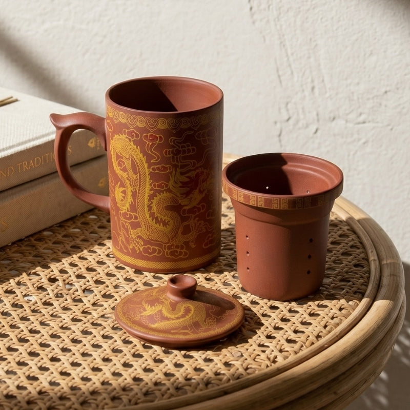 Dragon Print Yi Xing Clay Mug With Strainer