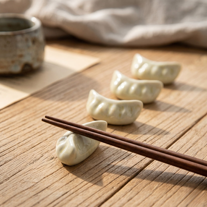 White dumplings on a wooden surface with wooden chopsticks chopstick rest, dumpling chopstick holder, ceramic tableware, Asian dining accessories, dim sum gift, Japanese table decor, chopstick stand set
