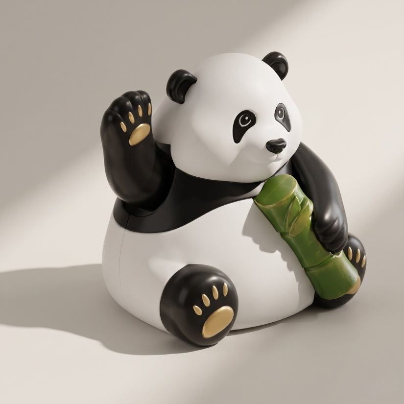 Panda-shaped container holding bamboo on a neutral background. solar panda, waving panda figurine, solar powered toy, desk decor, panda gift, eco-friendly gift, Asian novelty decor, solar waving figure