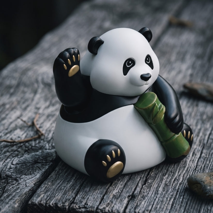 Panda figurine holding a bamboo stalk on a wooden surface. solar panda, waving panda figurine, solar powered toy, desk decor, panda gift, eco-friendly gift, Asian novelty decor, solar waving figure