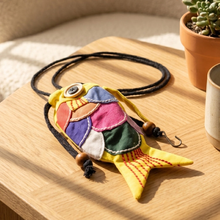 Colorful fish-shaped keychain on a wooden surface with a plant and cup in the background