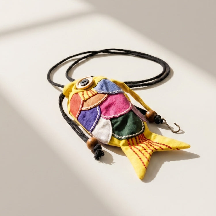 Colorful fish-shaped keychain with a black cord on a light background