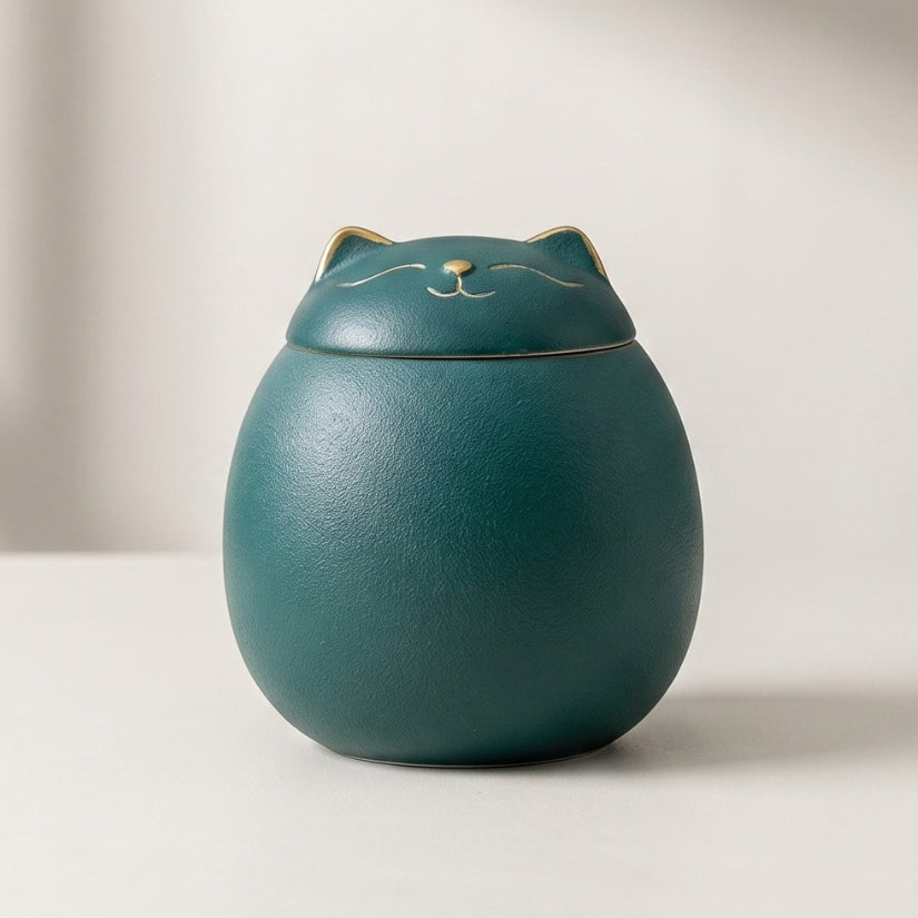 Green cat-shaped ceramic jar on a light background lucky cat, maneki-neko, ceramic tea canister, Japanese kitchen decor, loose leaf tea storage, good luck gift, Asian home decor
