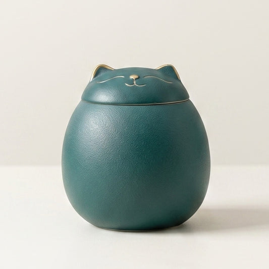 Teal cat-shaped jar on a light background lucky cat, maneki-neko, ceramic tea canister, Japanese kitchen decor, loose leaf tea storage, good luck gift, Asian home decor
