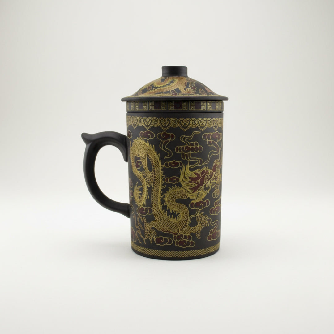 Yi Xing Clay Strainer Mug With Gold Dragon (Brown)