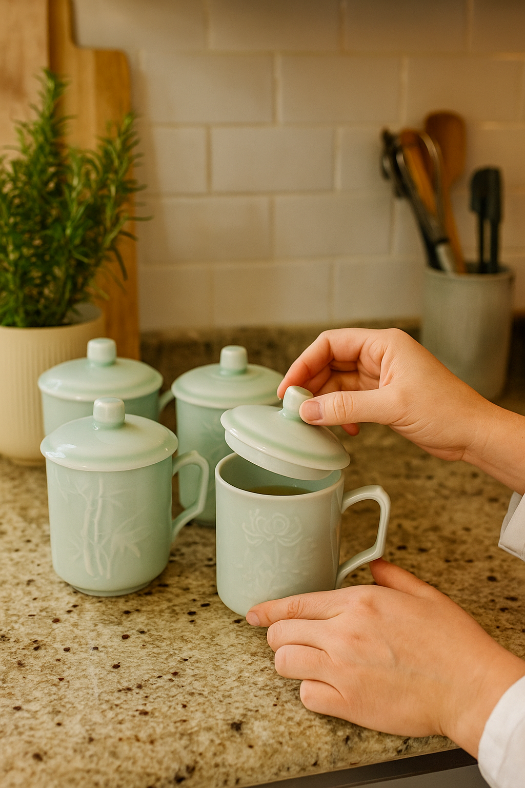 Celadon Ceramic Mugs - Four Seasons - Set of 4