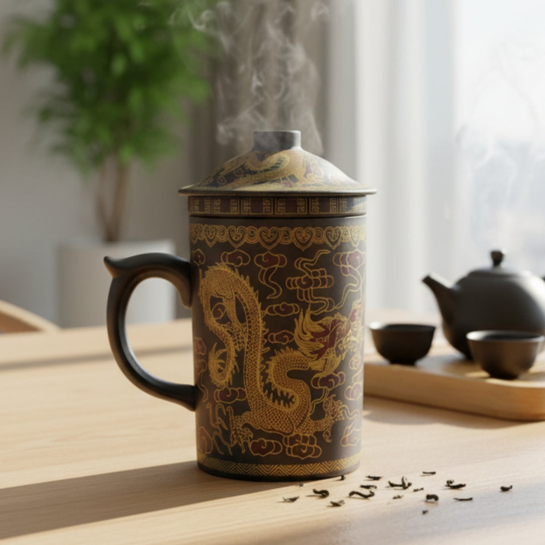 Yi Xing Clay Strainer Mug With Gold Dragon (Brown)