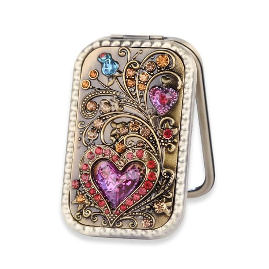 Heart Compact Mirror Jewel Bejeweled Pretty Pocket Size handy Antique Unique