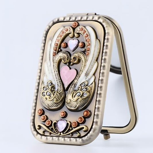 Swan Compact Mirror with Heart jewel Unique Antique Beauty Pocket Size