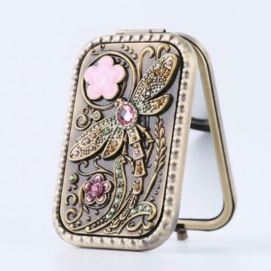 Dragonfly Compact Mirror Unique Pink Brass Beauty Antique Flower