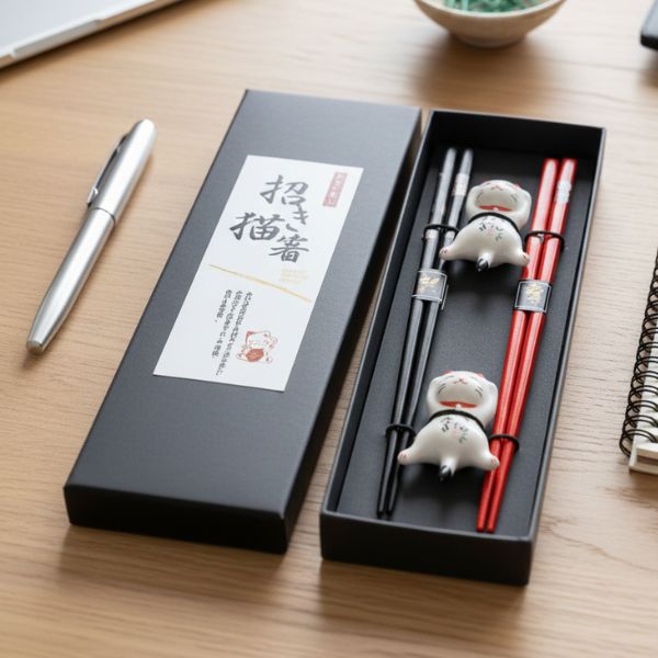 Red & Black Lucky Cat Bamboo Chopsticks