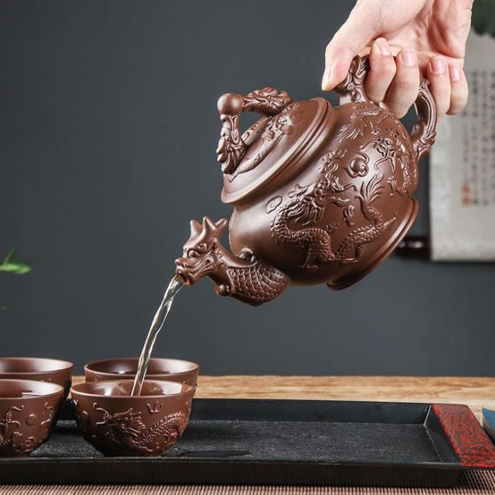 Dragon Tea Set - 4 Cups - Natural Clay