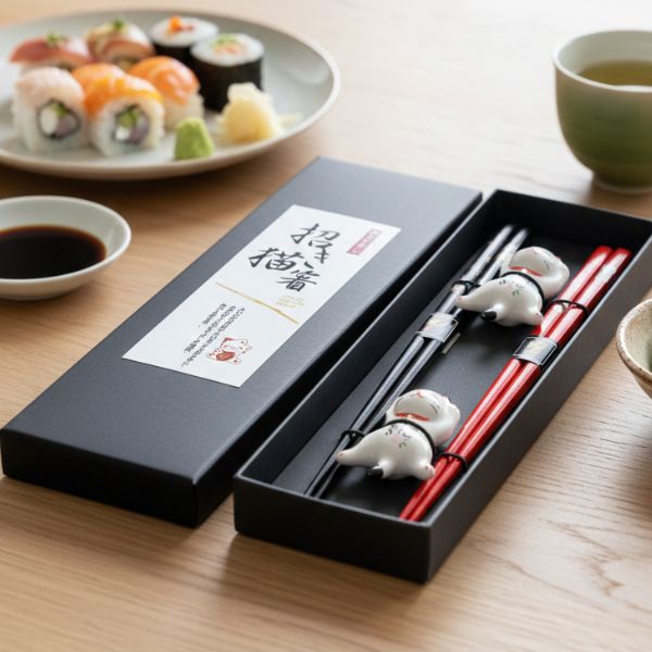 Red & Black Lucky Cat Bamboo Chopsticks