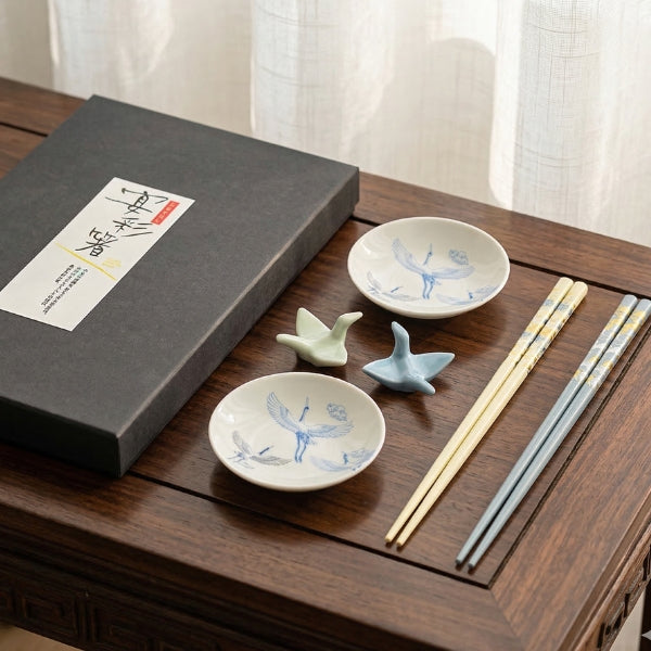 Ceramic Crane-shaped Chopstick Holder Dipping Dish Set of 2