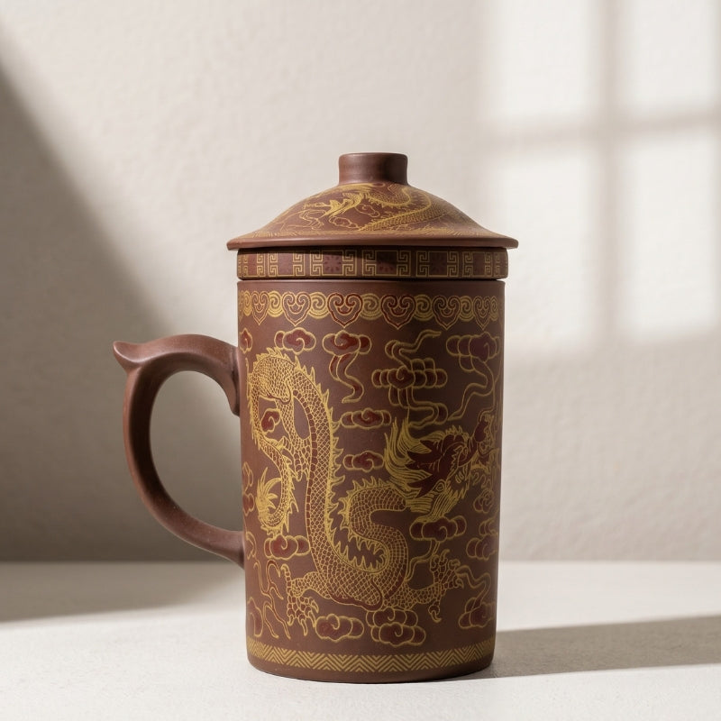 Dragon Print Yi Xing Clay Mug With Strainer