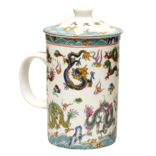 White Ceramic Strainer Mug With Dragon - Original Source
