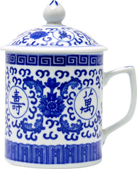 Blue & White Ceramic Mug w/lid - Longevity - Original Source