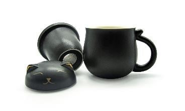 Lucky Cat Mug w/Strainer & Lid - Black
