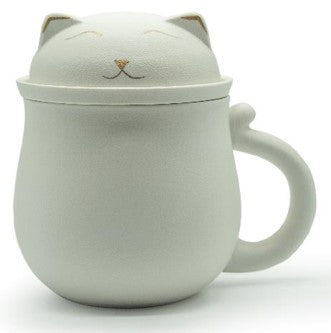Lucky Cat Mug w/ Strainer & Lid - White